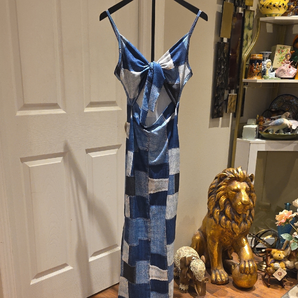 Source Unknown Blue and White Patchwork Maxi Dress - image 1